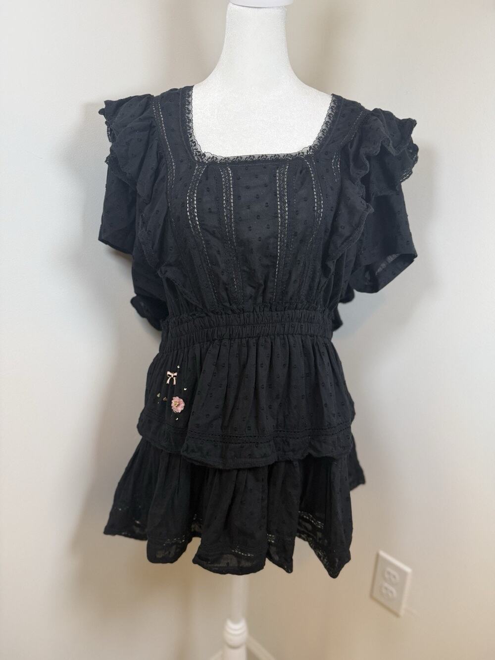 Love Shack Fancy Natasha Heritage Mini Dress Women’s Large Black Embellishment